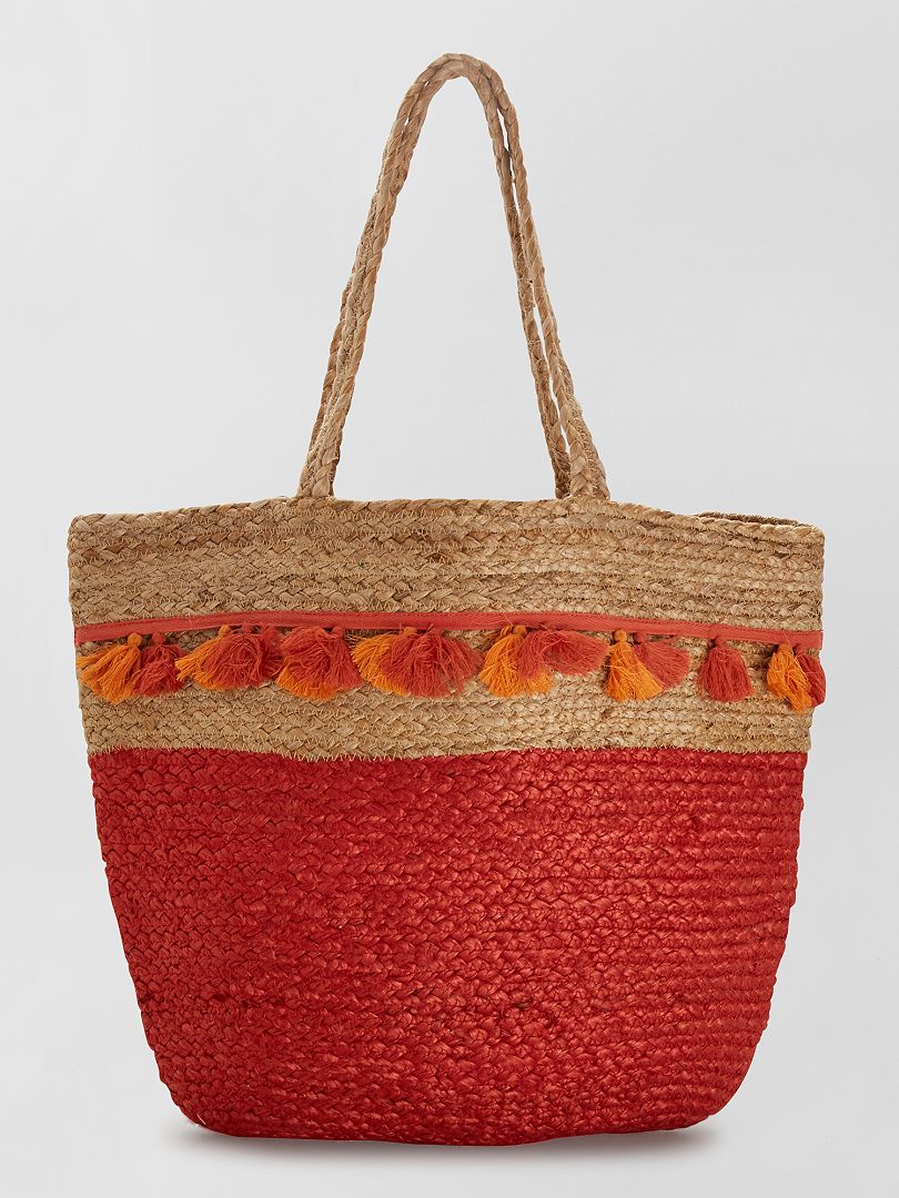 Bolso shopper de tela de yute bicolor rojo teja - Kiabi