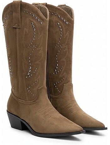 Botas santiag mujer caña alta ante tachuelas tacón bloc 4 cm ozabi