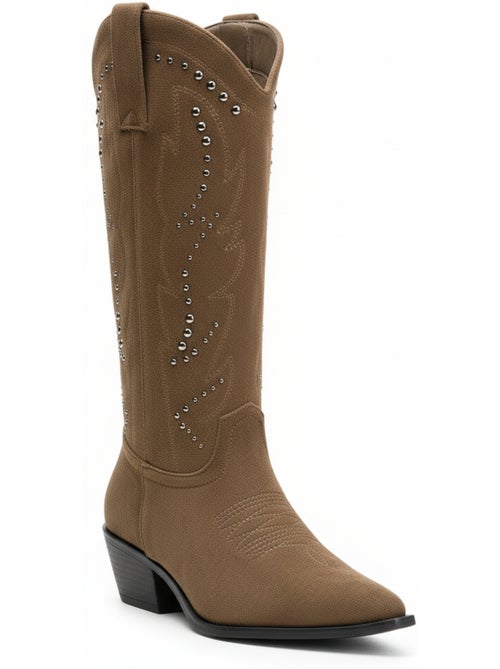 Botas santiag mujer caña alta ante tachuelas tacón bloc 4 cm ozabi - Kiabi Botas santiag mujer caña alta ante tachuelas tacón bloc 4 cm ozabi - Kiabi