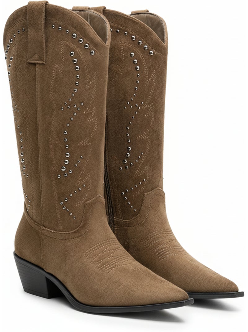 Botas santiag mujer caña alta ante tachuelas tacón bloc 4 cm ozabi Marrón caramelo - Kiabi