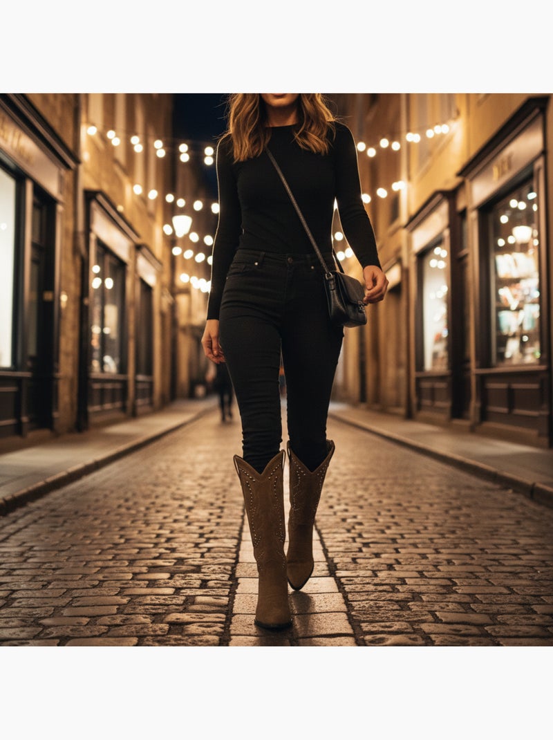 Botas santiag mujer caña alta ante tachuelas tacón bloc 4 cm ozabi Marrón caramelo - Kiabi