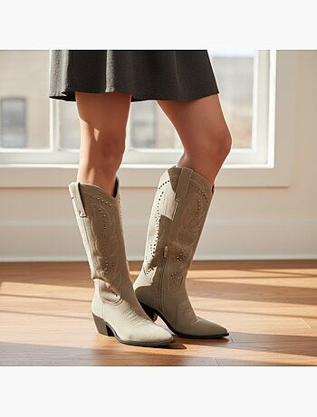 Botas santiag mujer caña alta ante tachuelas tacón bloc 4 cm ozabi