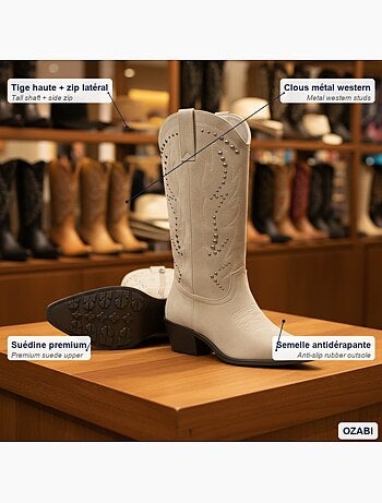 Botas santiag mujer caña alta ante tachuelas tacón bloc 4 cm ozabi