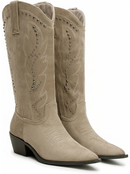 Botas santiag mujer caña alta ante tachuelas tacón bloc 4 cm ozabi - Kiabi Botas santiag mujer caña alta ante tachuelas tacón bloc 4 cm ozabi - Kiabi