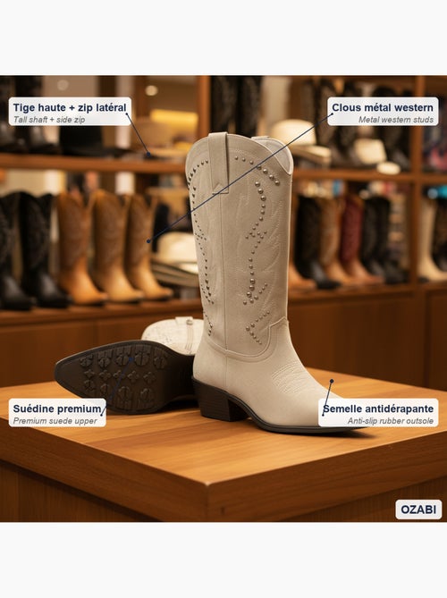 Botas santiag mujer caña alta ante tachuelas tacón bloc 4 cm ozabi - Kiabi Botas santiag mujer caña alta ante tachuelas tacón bloc 4 cm ozabi - Kiabi