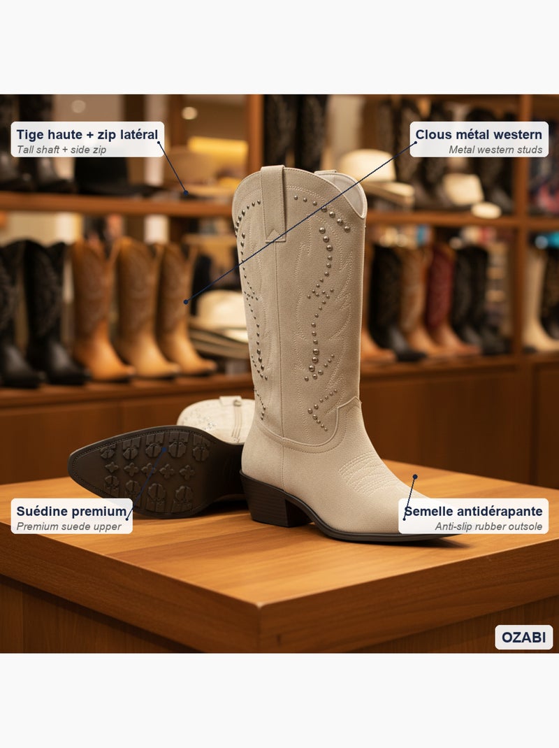 Botas santiag mujer caña alta ante tachuelas tacón bloc 4 cm ozabi Taupe - Kiabi