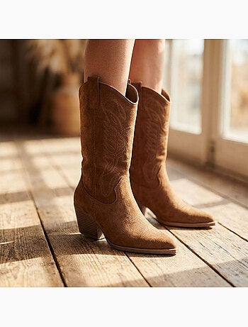 Botas santiag mujer caña alta ante tacón bloque 6 cm punta puntiaguda ozabi
