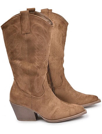 Botas santiag mujer caña alta ante tacón bloque 6 cm punta puntiaguda ozabi
