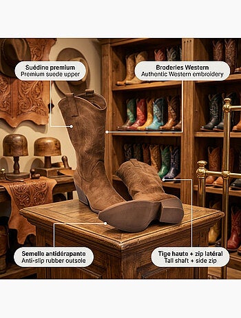 Botas santiag mujer caña alta ante tacón bloque 6 cm punta puntiaguda ozabi