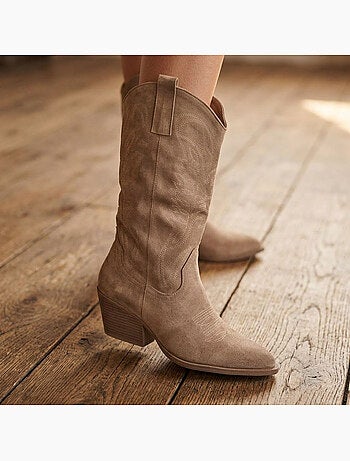 Botas santiag mujer caña alta ante tacón bloque 6 cm punta puntiaguda ozabi