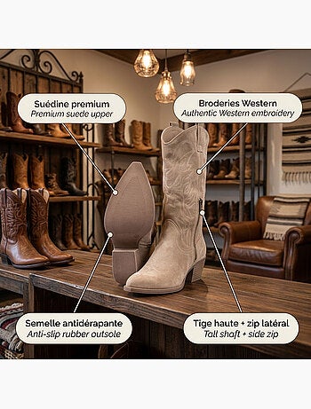 Botas santiag mujer caña alta ante tacón bloque 6 cm punta puntiaguda ozabi