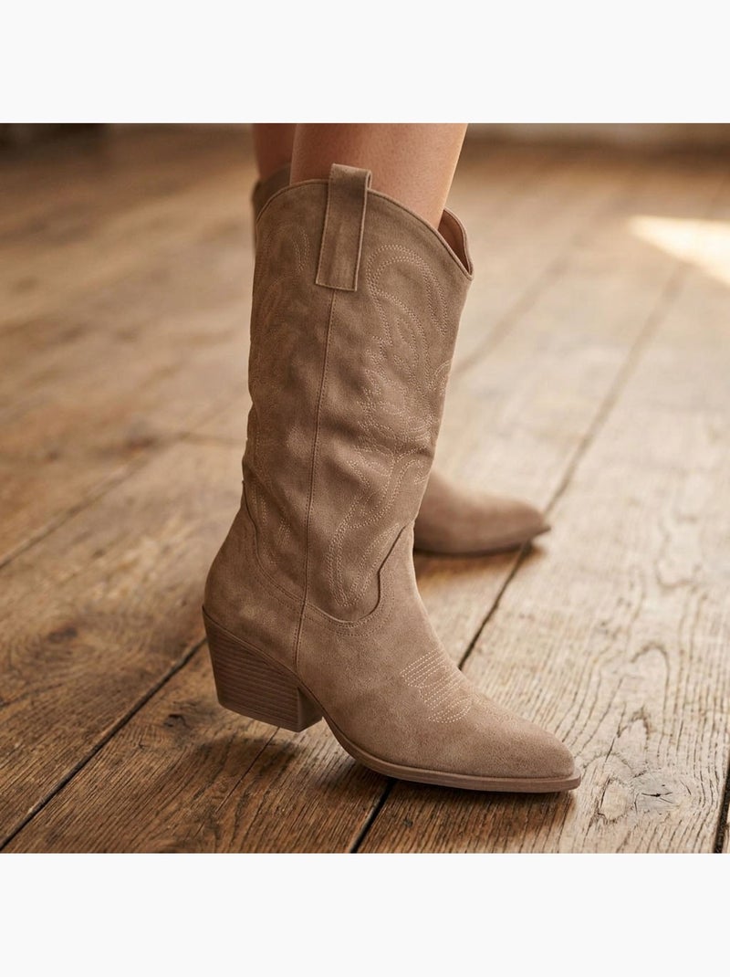 Botas santiag mujer caña alta ante tacón bloque 6 cm punta puntiaguda ozabi Taupe - Kiabi