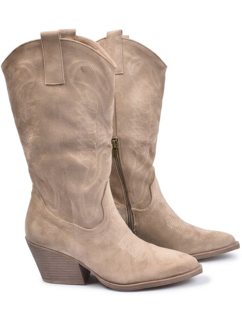 Botas santiag mujer caña alta ante tacón bloque 6 cm punta puntiaguda ozabi - Kiabi Botas santiag mujer caña alta ante tacón bloque 6 cm punta puntiaguda ozabi - Kiabi