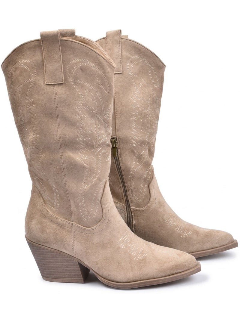 Botas santiag mujer caña alta ante tacón bloque 6 cm punta puntiaguda ozabi Taupe - Kiabi