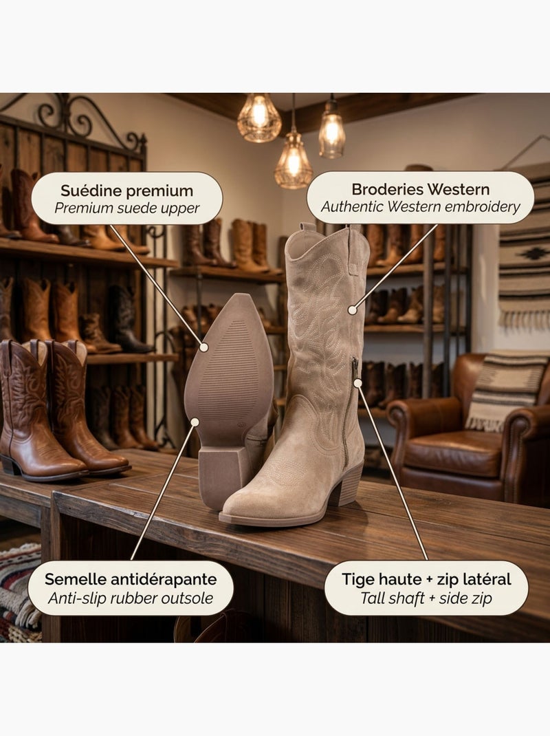 Botas santiag mujer caña alta ante tacón bloque 6 cm punta puntiaguda ozabi Taupe - Kiabi