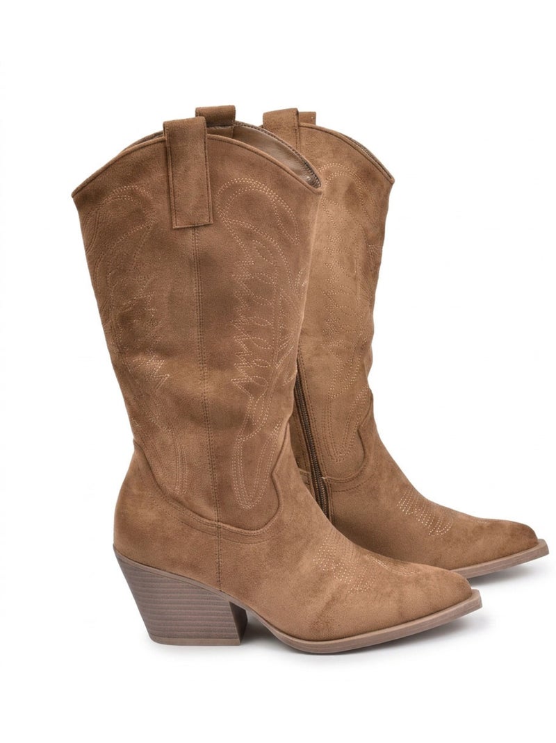 Botas Santiag Mujer Caña Alta Antelina Tacón Bloque 6 cm Punta Fina OZABI Marrón caramelo - Kiabi