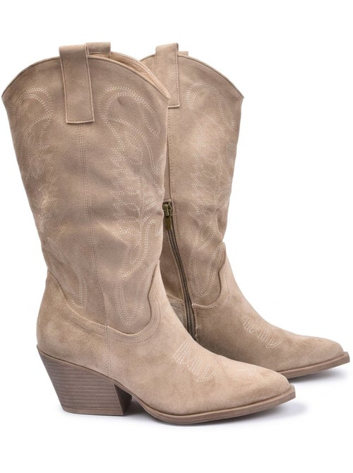 Botas Santiag Mujer Caña Alta Antelina Tacón Bloque 6 cm Punta Fina OZABI - Kiabi Botas Santiag Mujer Caña Alta Antelina Tacón Bloque 6 cm Punta Fina OZABI - Kiabi