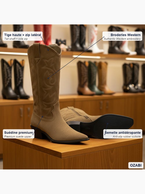Botas santiag mujer caña alta gamuza tacón bloque 4 cm punta afilada ozabi - Kiabi Botas santiag mujer caña alta gamuza tacón bloque 4 cm punta afilada ozabi - Kiabi