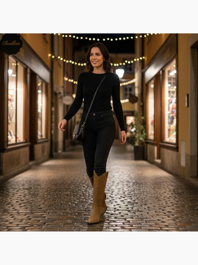 Botas santiag mujer caña alta gamuza tacón bloque 4 cm punta afilada ozabi Marrón caramelo - Kiabi