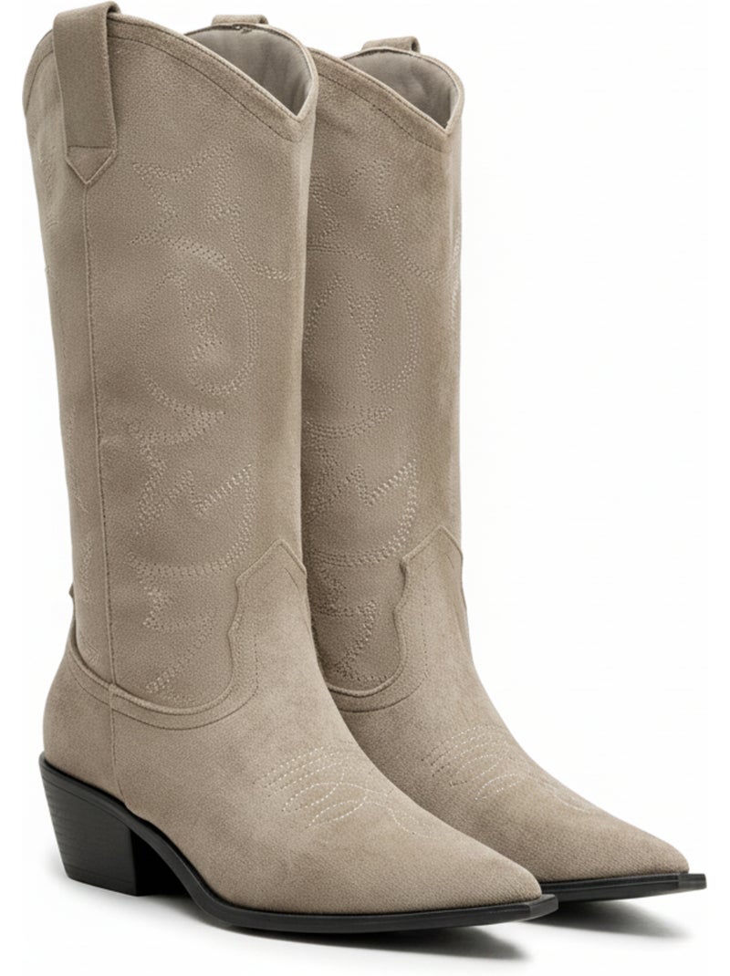 Botas santiag mujer caña alta gamuza tacón bloque 4 cm punta afilada ozabi Taupe - Kiabi