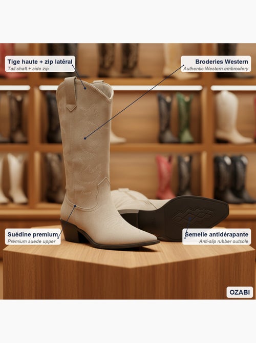 Botas santiag mujer caña alta gamuza tacón bloque 4 cm punta afilada ozabi - Kiabi Botas santiag mujer caña alta gamuza tacón bloque 4 cm punta afilada ozabi - Kiabi