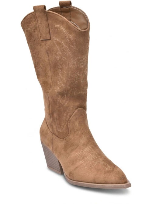 Botas Santiag Mujer Caña Alta Gamuza Tacón Bloque 6 cm Punta Fina OZABI - Kiabi Botas Santiag Mujer Caña Alta Gamuza Tacón Bloque 6 cm Punta Fina OZABI - Kiabi