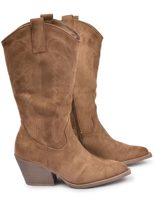 Botas Santiag Mujer Caña Alta Gamuza Tacón Bloque 6 cm Punta Fina OZABI - Kiabi Botas Santiag Mujer Caña Alta Gamuza Tacón Bloque 6 cm Punta Fina OZABI - Kiabi