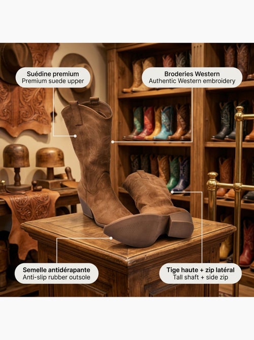 Botas Santiag Mujer Caña Alta Gamuza Tacón Bloque 6 cm Punta Fina OZABI - Kiabi Botas Santiag Mujer Caña Alta Gamuza Tacón Bloque 6 cm Punta Fina OZABI - Kiabi