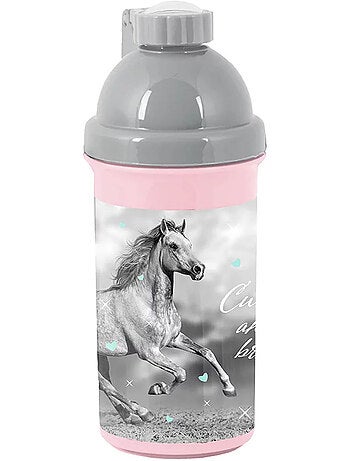 Botella infantil de plástico con motivo de caballo gris y rosa – 18 cm