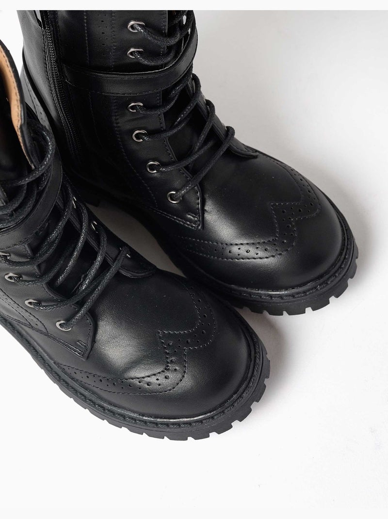 Botines biker con cordones y forro suave Negro Negro - Kiabi