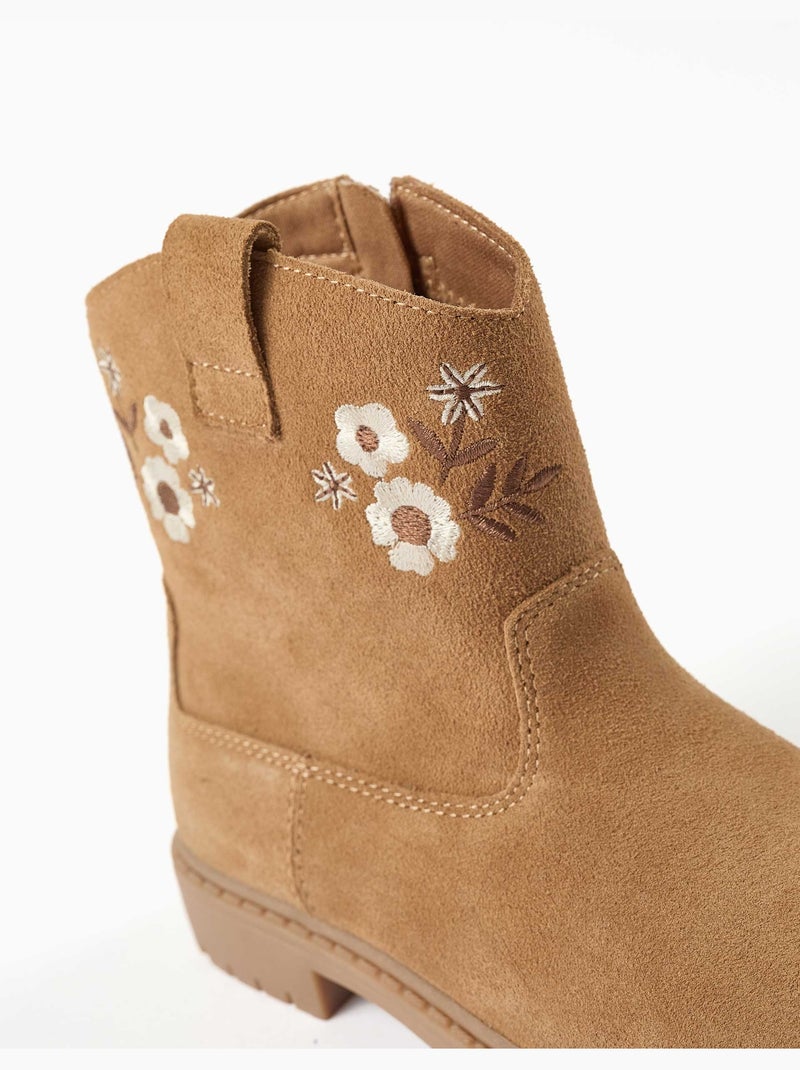 Botines de ante con flores bordadas Marrón - Kiabi