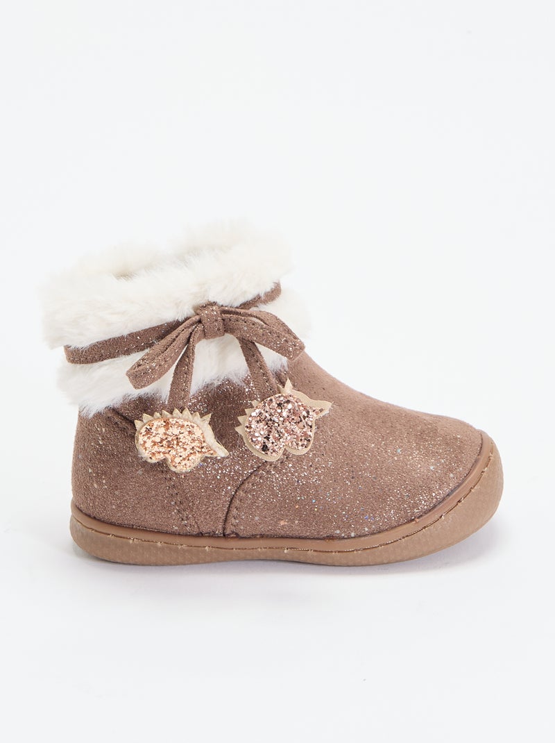 Botines de antelina brillante con borde de pelo sintético Marron - Kiabi