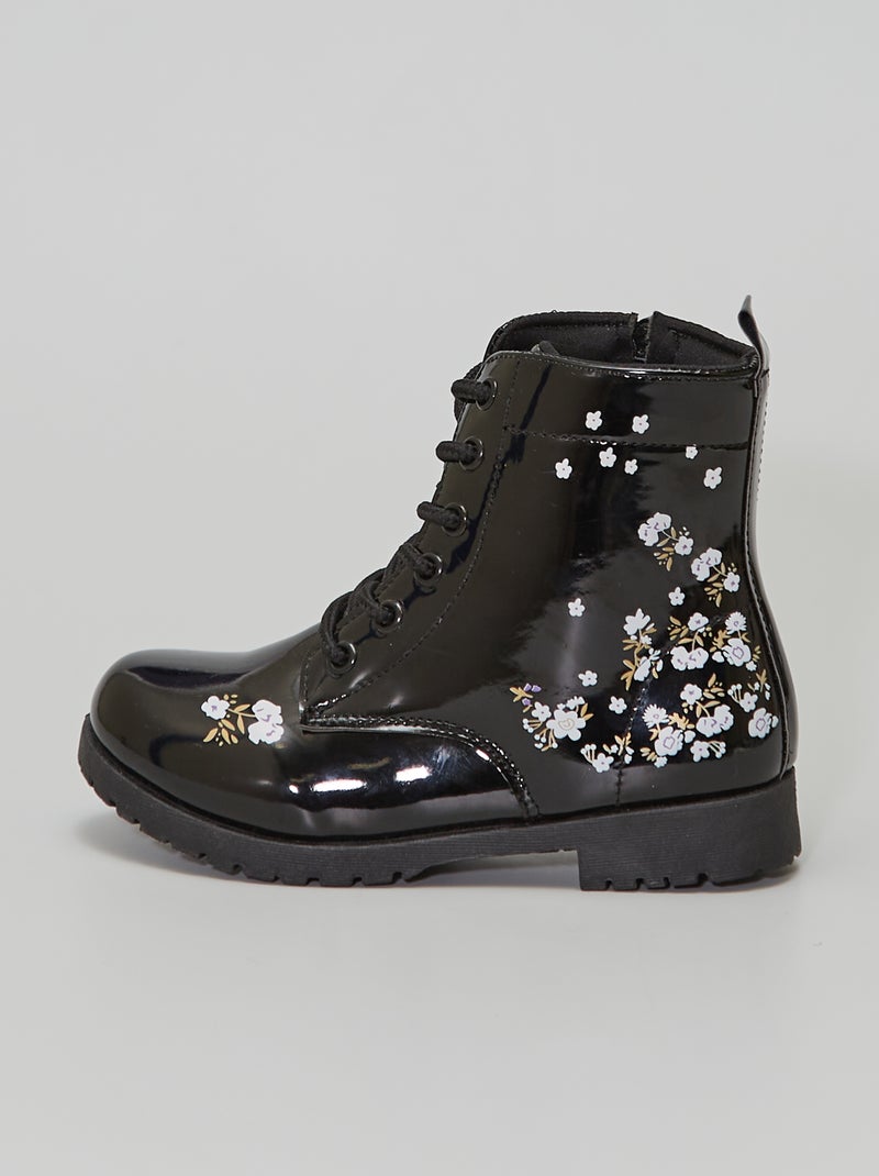 Botines de charol con motivo de 'flores' negro - Kiabi