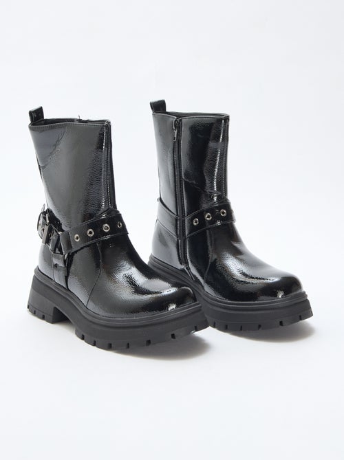 Botines estilo motero en charol liso - Kiabi