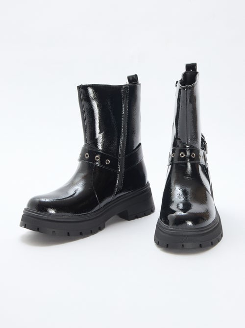 Botines estilo motero en charol liso - Kiabi
