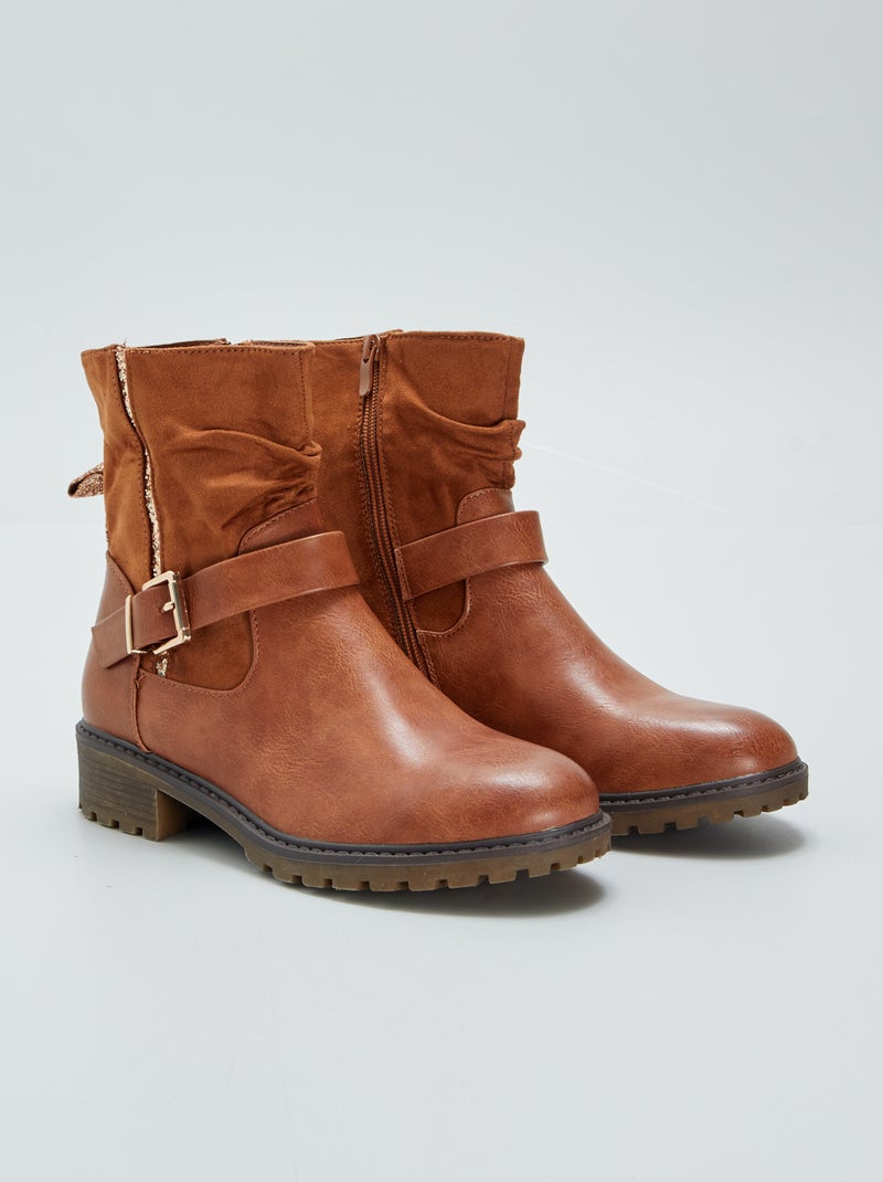 Botines moteros de dos materiales con brillos MARRON - Kiabi
