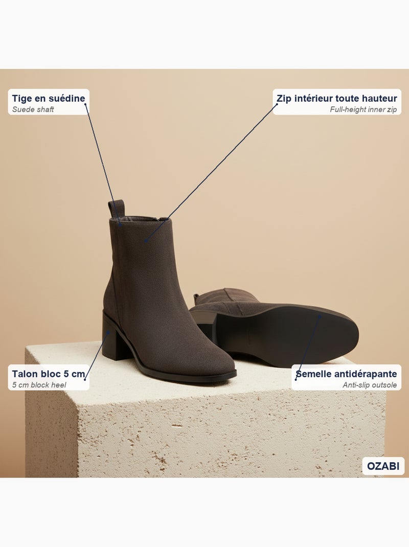 Botines mujer ante cremallera tacón bloque 5 cm ozabi Marrón - Kiabi