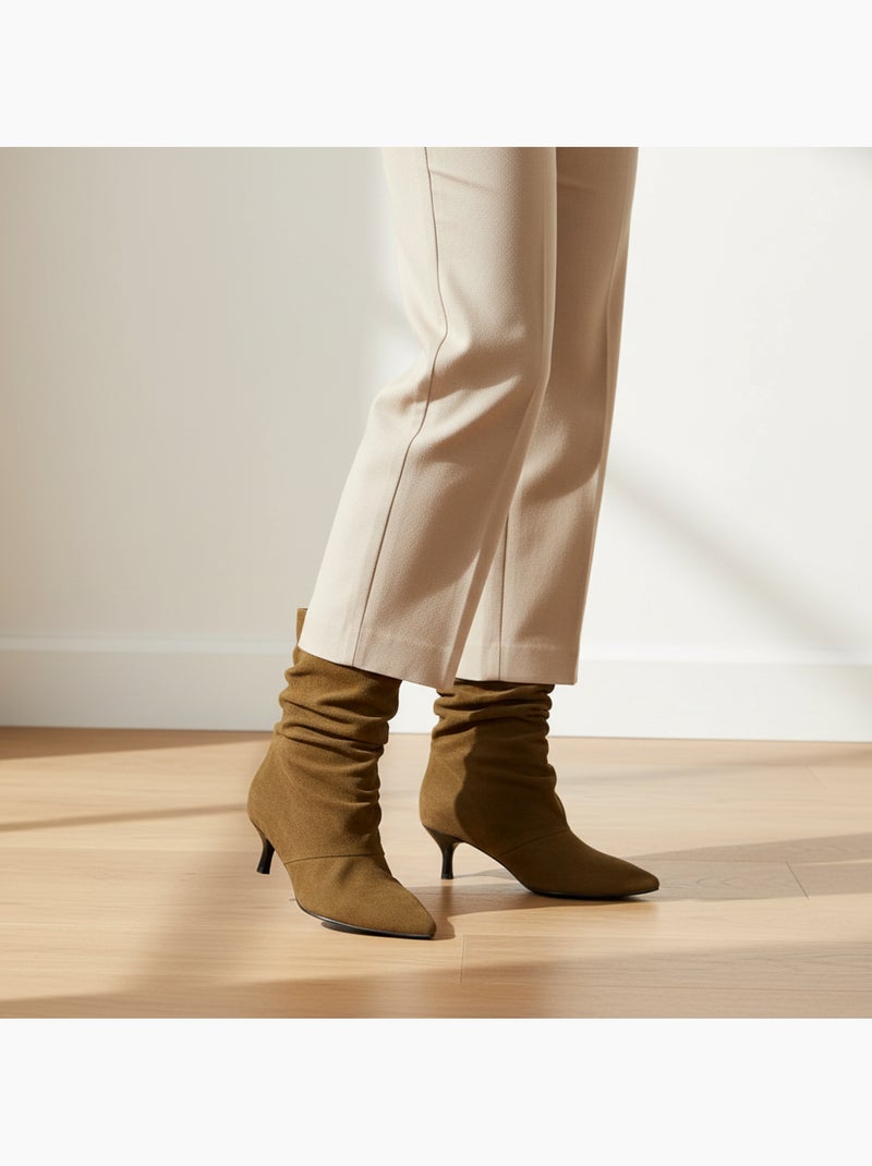 Botines mujer ante plisado tacón fino 4 cm punta puntiaguda ozabi Cognac - Kiabi