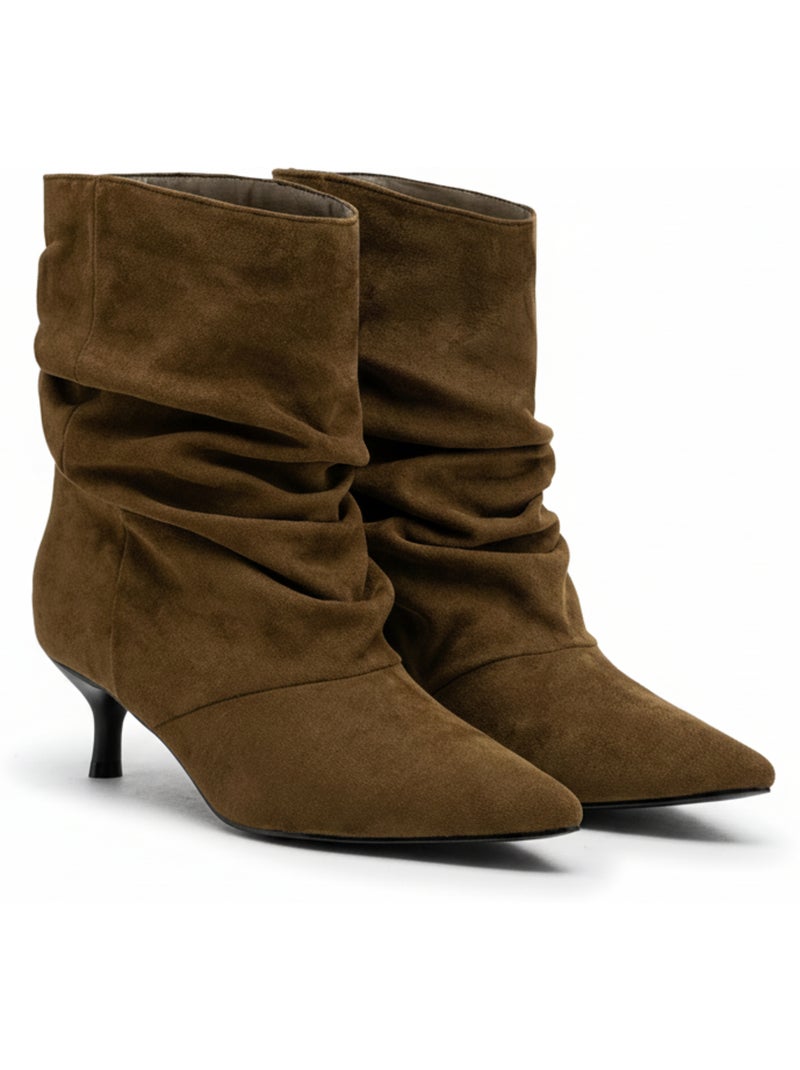 Botines mujer ante plisado tacón fino 4 cm punta puntiaguda ozabi Cognac - Kiabi