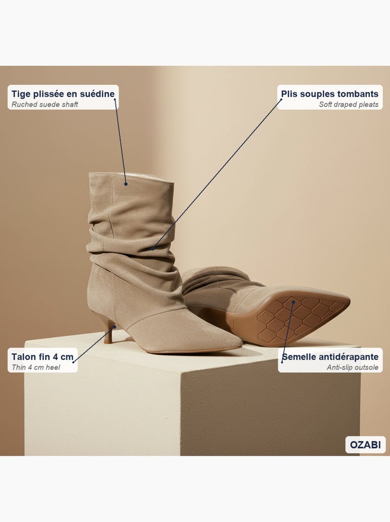Botines mujer ante plisado tacón fino 4 cm punta puntiaguda ozabi Taupe - Kiabi