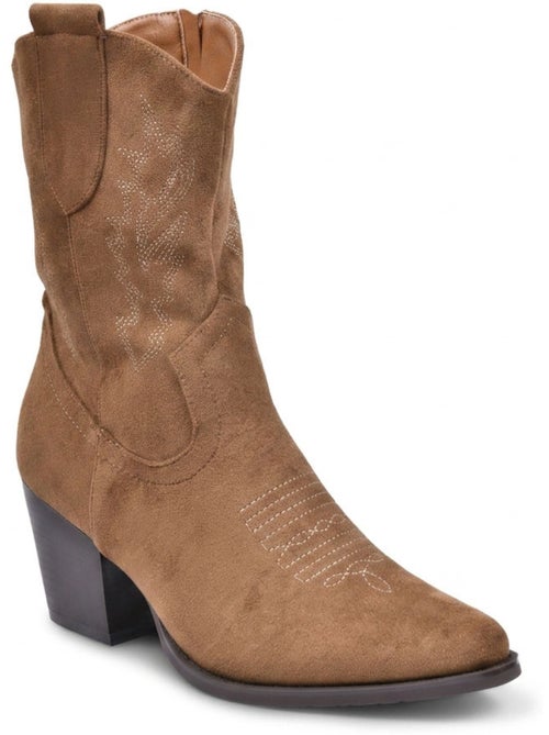 Botines Santiag Mujer Ante Tacón Bloque 6 cm Punta Fina Media Pierna OZABI - Kiabi Botines Santiag Mujer Ante Tacón Bloque 6 cm Punta Fina Media Pierna OZABI - Kiabi