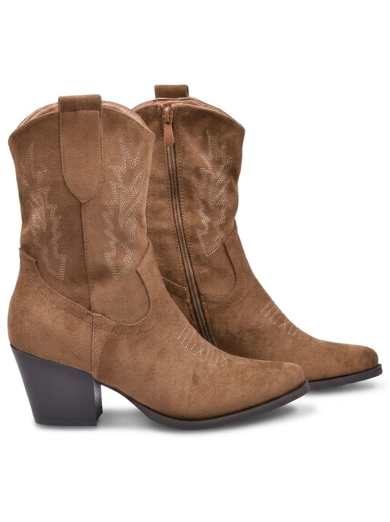 Botines Santiag Mujer Ante Tacón Bloque 6 cm Punta Fina Media Pierna OZABI Marrón caramelo - Kiabi