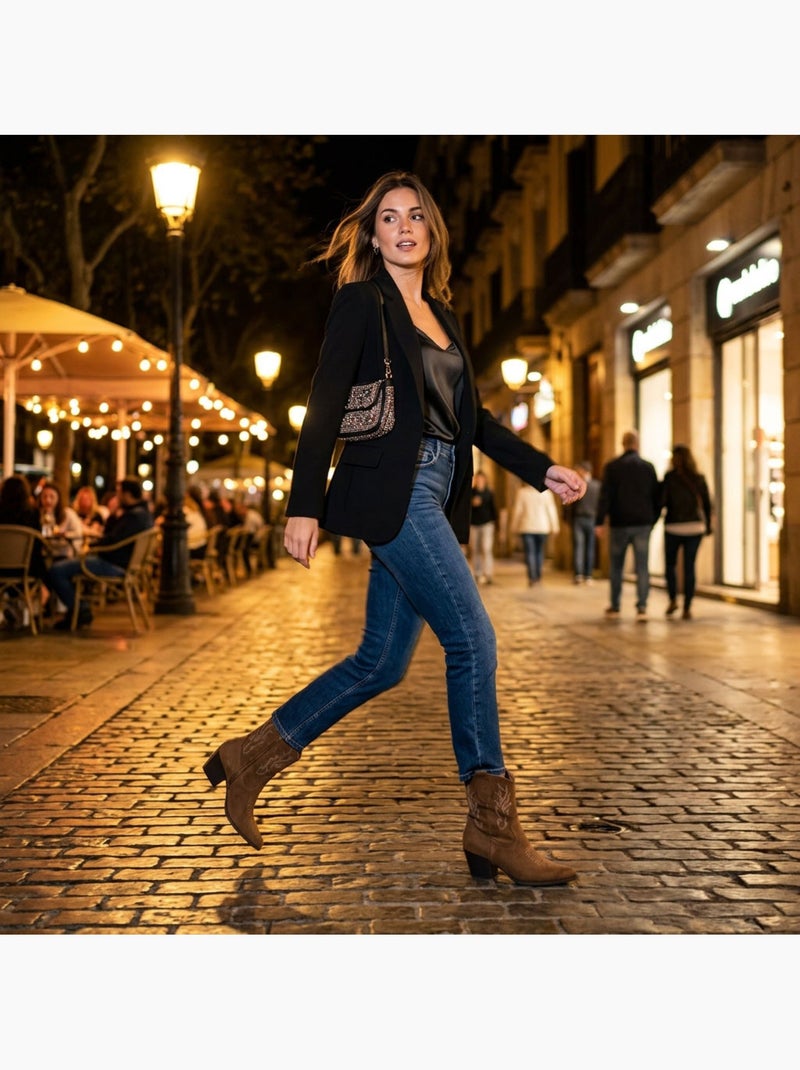 Botines Santiag Mujer Ante Tacón Bloque 6 cm Punta Fina Media Pierna OZABI Marrón caramelo - Kiabi