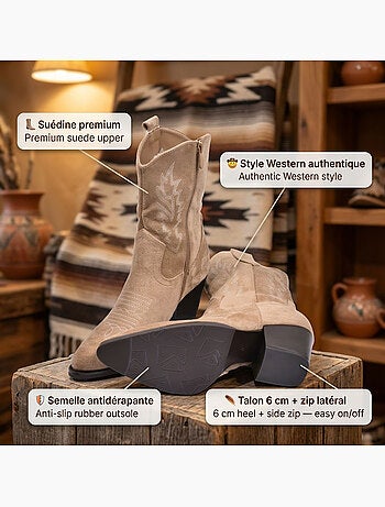 Botines Santiag Mujer Ante Tacón Bloque 6 cm Punta Fina Media Pierna OZABI