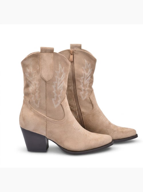 Botines Santiag Mujer Ante Tacón Bloque 6 cm Punta Fina Media Pierna OZABI - Kiabi Botines Santiag Mujer Ante Tacón Bloque 6 cm Punta Fina Media Pierna OZABI - Kiabi