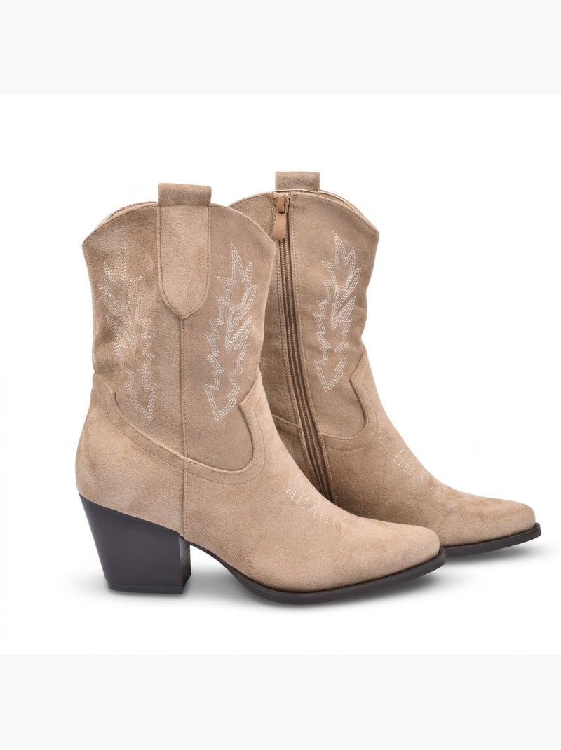 Botines Santiag Mujer Ante Tacón Bloque 6 cm Punta Fina Media Pierna OZABI Taupe - Kiabi