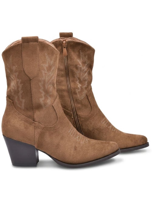 Botines Santiag Mujer OZABI Ante Tacón Bloque 6 cm Punta Puntiaguda - Kiabi