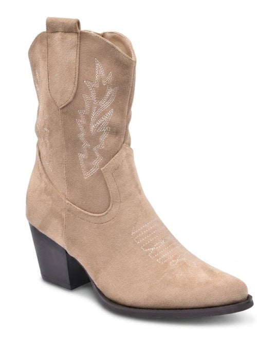 Botines Santiag Mujer OZABI Ante Tacón Bloque 6 cm Punta Puntiaguda - Kiabi Botines Santiag Mujer OZABI Ante Tacón Bloque 6 cm Punta Puntiaguda - Kiabi