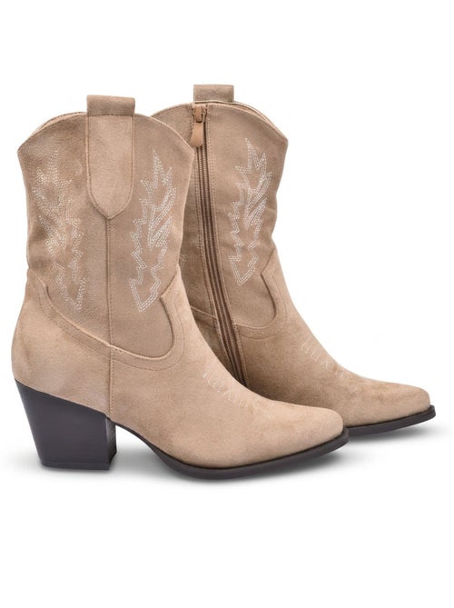 Botines Santiag Mujer OZABI Ante Tacón Bloque 6 cm Punta Puntiaguda - Kiabi Botines Santiag Mujer OZABI Ante Tacón Bloque 6 cm Punta Puntiaguda - Kiabi