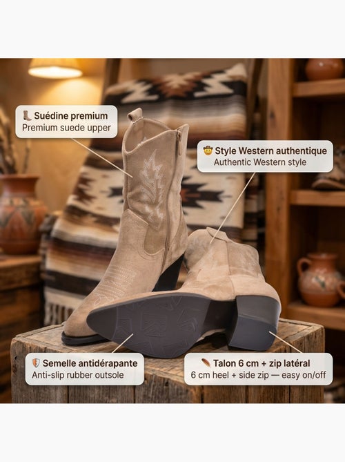 Botines Santiag Mujer OZABI Ante Tacón Bloque 6 cm Punta Puntiaguda - Kiabi Botines Santiag Mujer OZABI Ante Tacón Bloque 6 cm Punta Puntiaguda - Kiabi